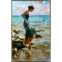 手绘玄关装饰画海边的女人油画入户客厅过道美女壁画沙滩海鸥度假