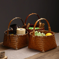 竹编带盖点心篮手提圆形编织纯手工食物篮复古家用中式创意环保