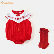 100天婴儿衣服夏季女宝宝拍照百日宴红色中国风哈衣满月周岁礼服