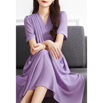 辰蕴 知性优雅 法式赫本风连衣裙女夏季紫色气质名媛显瘦雪纺裙子