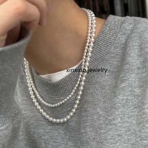 新款推荐 施华洛正圆白色水晶珍珠项链 双层叠戴项链fever锁骨链
